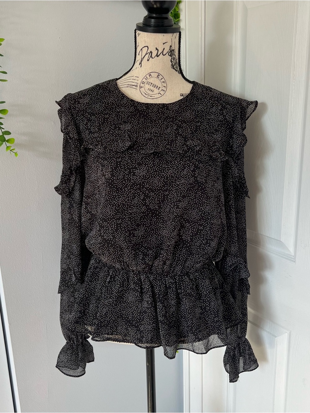 Endless Rose Black and White Speckled Ruffle Blouse